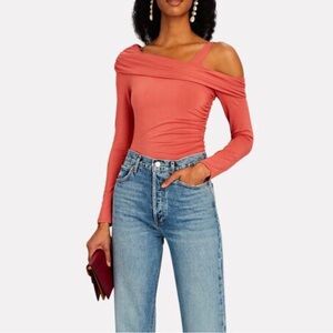 Jonathan Simkhai Gianna Jersey Long Sleeve One Shoulder Bodysuit Brick Pink MED